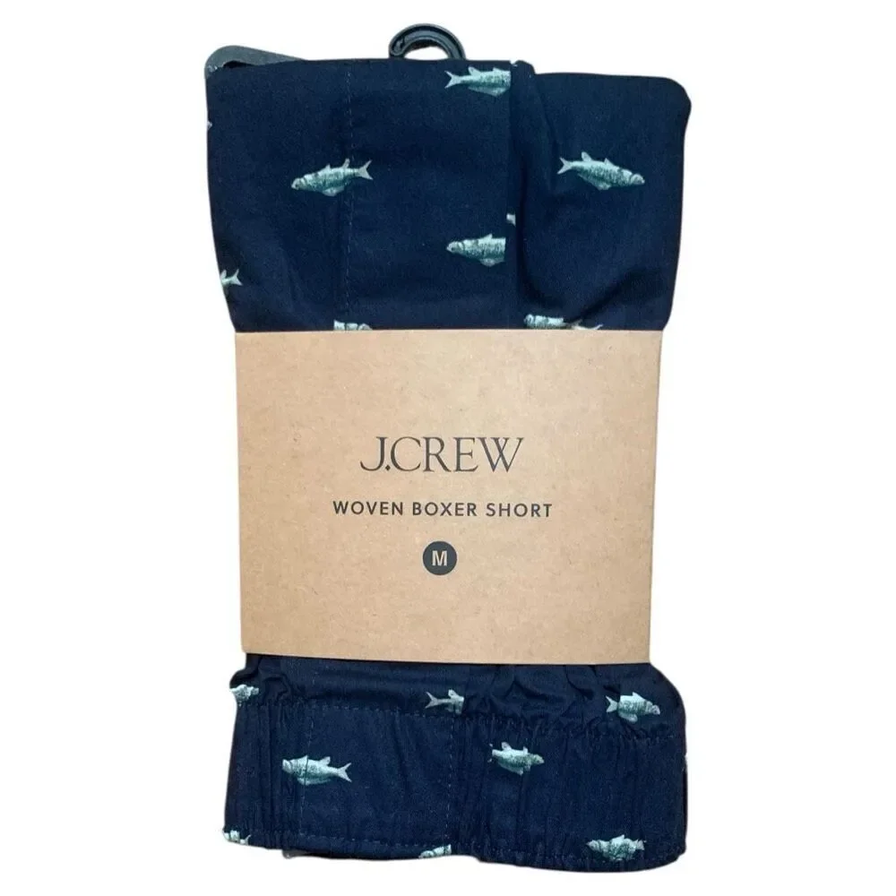 J. Crew Woven Boxer Shorts Navy Fish Print Men’s 100% Cotton, Medium (32-34) New
